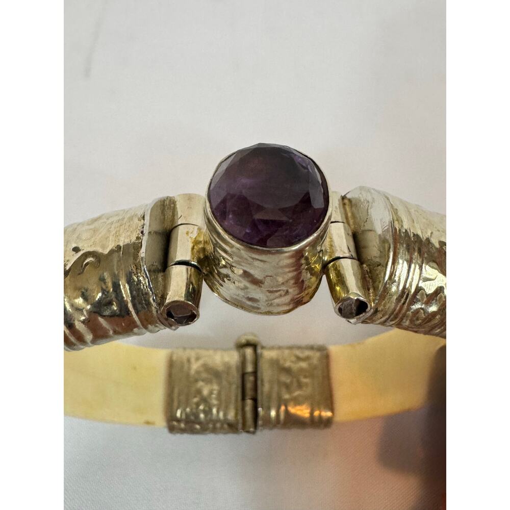 Mid-Century Carved Bone // Faux Ivory Cuff //Amethyst Bracelet - Picture 3 of 8